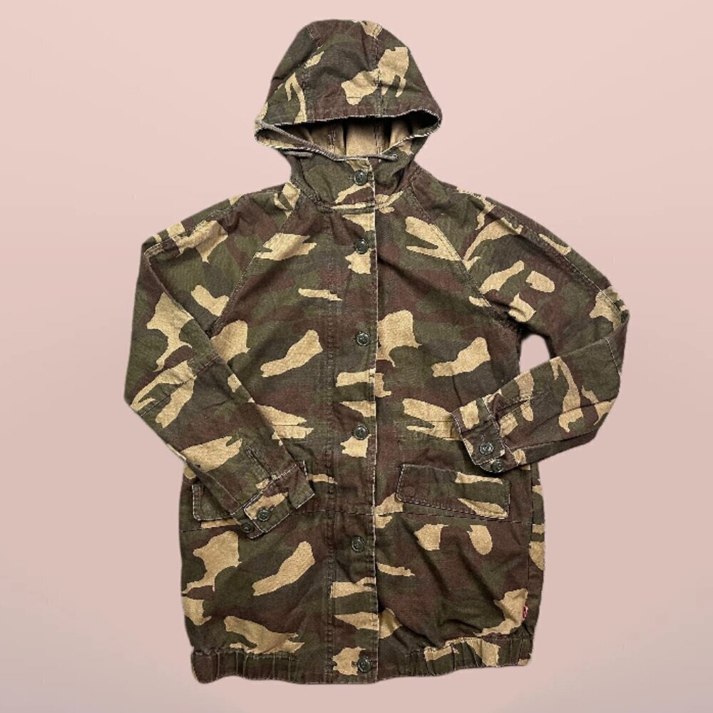 Levi's Hooded Oversized Long Camo-Print Canvas Chore Utility Jacket Size Medium